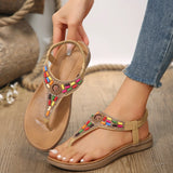 Fligmm Bohemian Sandals Women Summer Flat Heels Non Slip Beach Shoes Woman Elastic Ankle Strap Clip Toe Roman Sandalias Mujer