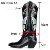 fligmm Womens Cowboy Cowgirl Mid Calf Boots Butterfly Embroidered Pointed Toe Stacked Heel Autumn Winter Slip On Shoes Brand Design 0410