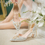 Fligmm new white lace beaded tassel stiletto bridal wedding shoes rhinestone large size single shoes banquet dress women sandals