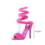 Fligmm style Furry fur Serpentine winding Women Sandals Sexy Ankle strap High heels Gladiator sandals Summer Female Pary Prom Shoes