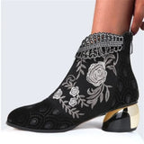 Fligmm Woman Ankle Boots Vintage Floral Embroidery Women's Shoes Leather Boots Bohemia Zipper Spring Autumn Ladies Botas De Mujer