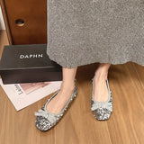 Fligmm Sequined Ballet Flats Summer New Women Bow Round Toe Mary Janes Shoes Fashion Diamond Pendant Elegant Ladies Loafers