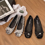 Fligmm Sequined Ballet Flats Summer New Women Bow Round Toe Mary Janes Shoes Fashion Diamond Pendant Elegant Ladies Loafers