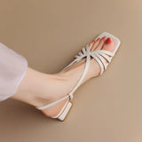 Fligmm Thick Heeled Sandals Female 2024 Summer New Woven Thin Strap Low Heel Sandales Femmes Sliver Gold Roman Peep Toe Sandal