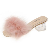 Fligmm Fluffy Peep Toe Sexy High Heels Women Shoes Fur Feather Lady Fashion Wedding Slip-On Pink Square Sandals Tacones Mujer