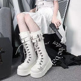 Fligmm Platform Mild-calf Boots Punk Style Pu Leather Buckle Sloping Heel Botas Spicy Girls Lace Up High Heels for Women's Boots