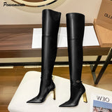 Fligmm Autumn Winter Soft Leather Stretch Women Thigh high Boots Elegant Pointed toe High heels Over the knee Boots Party Shoes