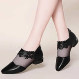 Fligmm Pointed Lace Zipper Flats Elegant Mesh Breathable Women Ladies Loafers Black Non-Slip Leisure Office Shoes Wedding Shoes