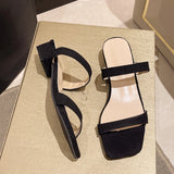 Fligmm Women Low Heels Sandals Summer Black Square Exposed toe Shoes Simple Slippers Summer Beach Outdoor Sexy Shoes