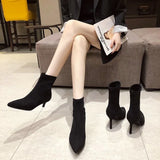 Fligmm Luxury Women Beige Black Sock Boots Stiletto Thin High Heels Elastic knitting Boots Winter Stretch Fabric Boots Plus Size