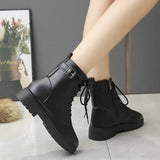 Fligmm Female 2024 Zip Ankle Women's Boots Platform Basic Boots Women Belt Buckle Round Toe Lace-up Low Square Heel Shoes Women