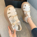 Fligmm Women's Platform Roman Shoes 2024 Summer New Metal Decoration Closed Toe T-strap Sandals for Women Outdoor Ladies Causal Shoes