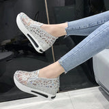 Fligmm Wedges Women's Sneakers Floral Embroidery Mesh Sneakers for Women Slip on Casual Comfy Heeled Shoes Woman 35-42