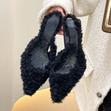 Fligmm Fur Slingback Pumps Sandals Women Fashion Pointed Toe Shallow Slip-on Plush Pumps Ladies Elegant Evening Party Heel Shoes