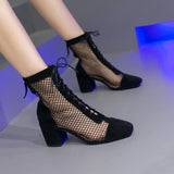 Fligmm Fashion Women Knee-length Boots Square Heel Zipper Sexy Lace Mesh Boots Summer Cool Boots Breathable Women's Shoes Botas