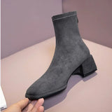 Fligmm Toe Suede Short Boots Women's Autumn Winter Elastic Thick Heel Back Zip Ankle Boots Fashion Gray Black Botas De Mujer