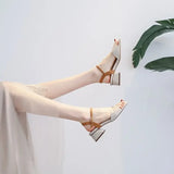 Fligmm Style Square Head Color Contrast Open-toe Sandals Summer Thick Heel Fashion One-word Buckle Roman High Heel Women