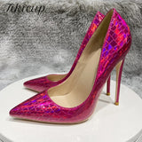 Fligmm Rose Laser Crocodile Effect Women Pointy Toe High Heel Party Dress Shoes Sexy Ladies Shiny Stiletto Pumps 8cm 10cm 12cm