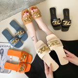 Fligmm New Fashion Women's Slippers Square Toe Chain Slippers Flat Slide Sandals Beach Flip Flops Metal Decoration Casual Shoes