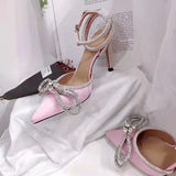 Fligmm Leather High Heels Party Prom Shoes Glitter Rhinestones Women Pumps Crystal Bowknot Satin Summer Lady Shoes