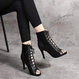 Fligmm Summer Shoes Thin Heels ANKLE Boots Women Lace-up Peep Toe Shoes Solid Womens Designer Boots Hollow Sexy Boots High Heel