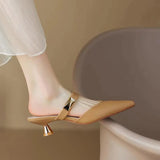 Fligmm 35-42 Women Kitten Heels Mules Golden Rivet Pointed Toe Summer Sandals Fashion Beige Ladies Casual Med Heels Shoes