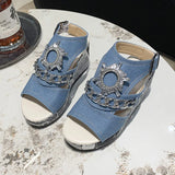 Fligmm Wedges Rhinestone Design Slippers Shoes Women New Summer Flat Women Blue Slope Heel Slippers Ladies Denim Beach Sandal