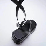 Fligmm Women Shoes Black Flat Leather Fashion Sandals Lace up Thick Soled Ankle Strap Sandals For Women Pinch Toe Flip Flops