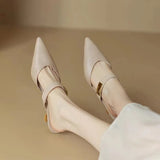 Fligmm 35-42 Women Kitten Heels Mules Golden Rivet Pointed Toe Summer Sandals Fashion Beige Ladies Casual Med Heels Shoes