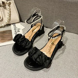 Fligmm Shoes for Women Pearl Sandals Suit Female Beige Increasing Height Block Heels All-Match Black Bow 2024 Fashion Chunky Gi