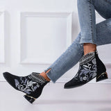 Fligmm Woman Ankle Boots Vintage Floral Embroidery Women's Shoes Leather Boots Bohemia Zipper Spring Autumn Ladies Botas De Mujer