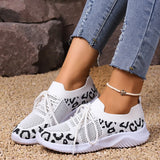 Fligmm Size Breathable Knitting Sneakers Women Slip On Leopard Printed Walking Shoes Woman Lightweight Non Slip Casual Shoes 2024