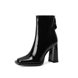 Fligmm ANKLE BOOTS Winter Square Toe Retro Thick Heel Short Boots Women's Single Boots After Zipper High Heel Nude Boots