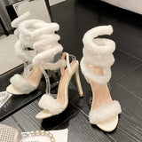 Fligmm style Furry fur Serpentine winding Women Sandals Sexy Ankle strap High heels Gladiator sandals Summer Female Pary Prom Shoes