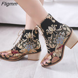 Fligmm Size boots women Embroidery Flower Med Heel Ankle Boots Comfort Autumn Winter Ankle Boots Brand Designer Short Booties 0410