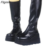 Fligmm Big Size 35-43 Brand Design Ladies High Platform Boots Fashion Zip High Heels Boots Women 2023 Wedges Shoes Woman 0410