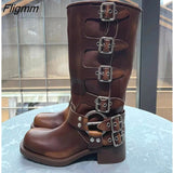 Fligmm Spring Autum Women's metal belt buckle Leather Boots Ladies Slip on Ankle Mid Calf Boots Casual Non Slip Platform Shoes 0410