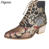 Fligmm Size boots women Embroidery Flower Med Heel Ankle Boots Comfort Autumn Winter Ankle Boots Brand Designer Short Booties 0410