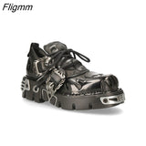 Fligmm Punk Style Women Shoes Lace-up 5CM Thick Heel Platform Shoes Female Gothic Ankle Boots Metal Decor Botas Invierno Mujer 0410