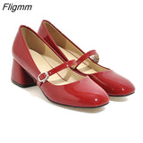 Fligmm High Heels Shoes Women Mary Janes Shoes Patent Leather Med Heel Pumps Buckle Square Toe Ladies Shoes Red Plus Size 33-43 0410