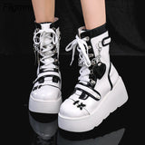 Fligmm New Female Wedges High Heels Boots Fashion Buckle Punk Goth Platform women's Boots Zip Cross-tied Party Street Woman Shoes 0410