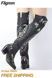 Fligmm Women's Embroidered Western Knee High Boots Cowboy Cowgirls Over The Knee Boots For Women Flower Chunky Denim Shoes 0410