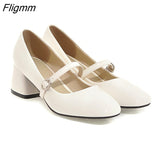 Fligmm High Heels Shoes Women Mary Janes Shoes Patent Leather Med Heel Pumps Buckle Square Toe Ladies Shoes Red Plus Size 33-43 0410