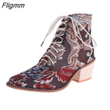 Fligmm Size boots women Embroidery Flower Med Heel Ankle Boots Comfort Autumn Winter Ankle Boots Brand Designer Short Booties 0410