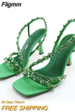 Fligmm Woman's Diamond Strappy Green Sandals 2023 Fashion Sequins Rhinestone Square Toe Heels Women Luxury Party Prom Pumps Summer 0410