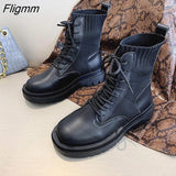 Fligmm Boots Woman Slip-On Shoes Woman Fashion Knitted Elastic Round Toe Short Boots Platform Square Heels Leather Boots Women