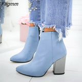 Fligmm Autumn and Winter New Square Head Thick Heel High Heel Waterproof Platform Stretch Leather Large Size Patent Leather Boots