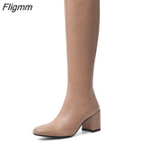 Fligmm Winter Knee High Boots Women Natural Genuine Leather Thick High Heel Long Boots Zip Round Toe Shoes Ladies Fall Size 39