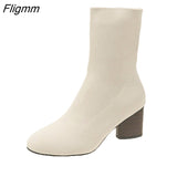 Fligmm Boots Spring Autumn Shoes Woman Casual Solid Color Slip-On Ankle Boots Fashion Round Toe Party Shoes Square Heel High Heels