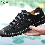 Fligmm Men Leather Sandals Comfortable Outdoor Casual Shoes 2023 Summer Beach Casual Walking Male Sneakers Men Beach Casual Sandals